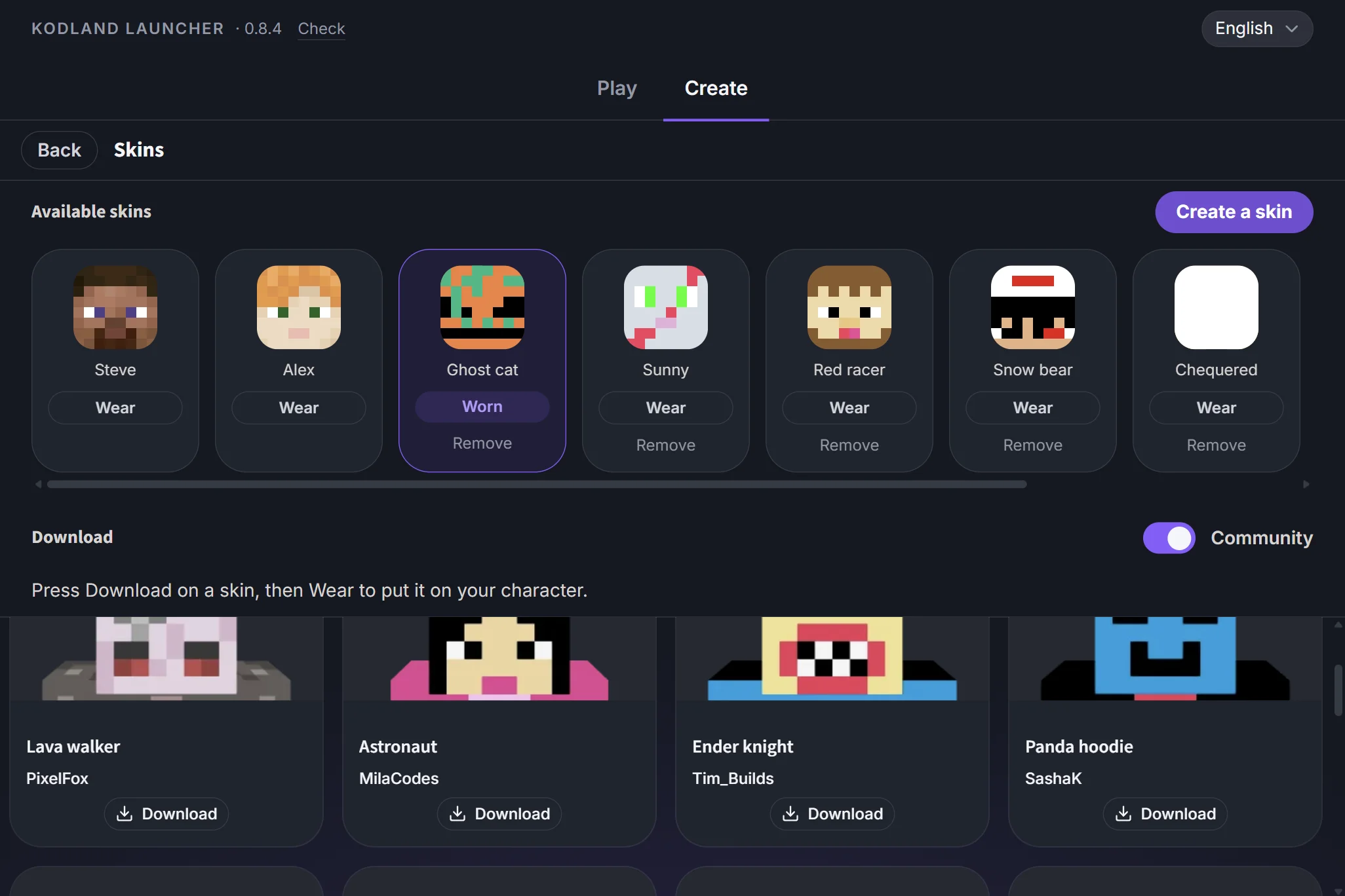 Community skins: rows of cards, each with a Download button.