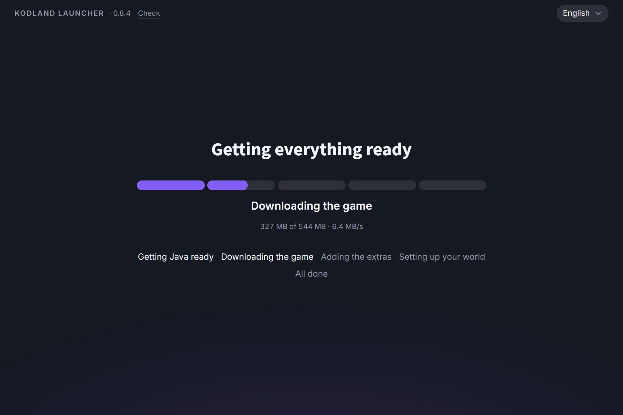 The launcher downloading the game: a bar in five parts and the megabytes so far.