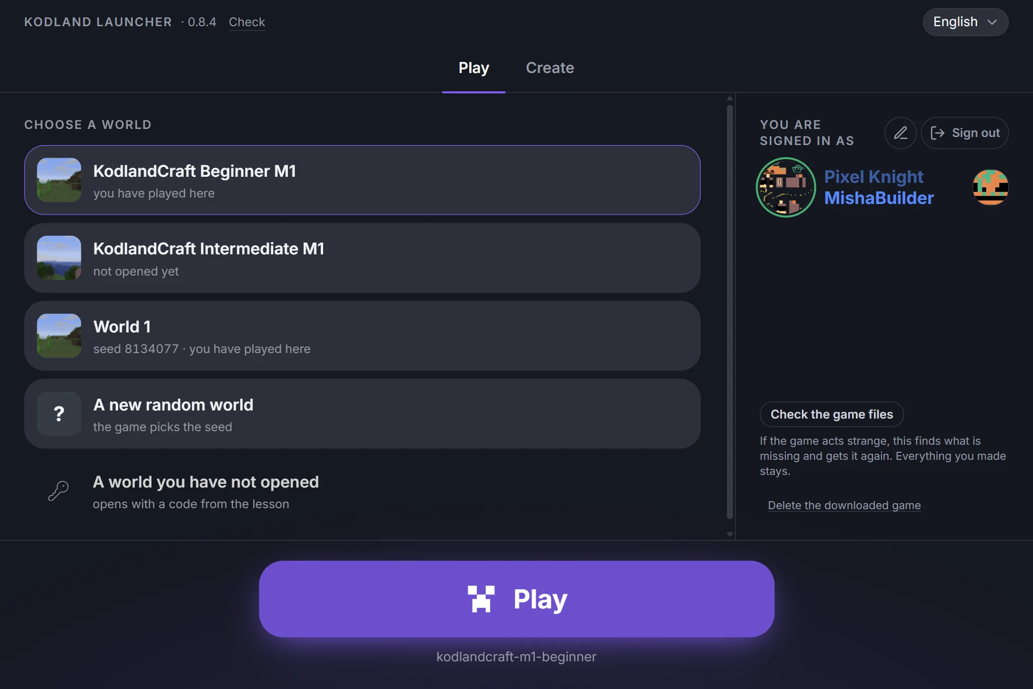 The Play tab: the worlds to choose from and a big Play button.